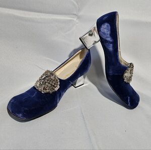 Custom Craft Vtg MCM 60s Blue Velvet Silver Square Toe Block Heel Bridal Size 7